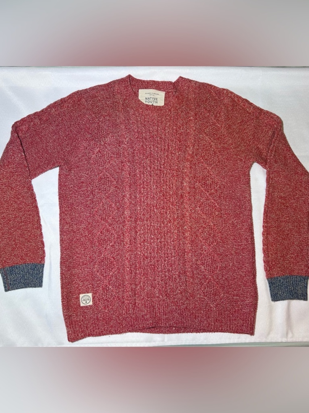 NATIVE YOUTH Unisex Marled Red Crewneck Cable Knit Sweater Sz L